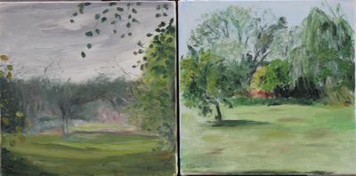 trois tableaux représentant des arbres dans un champ, avec le ciel en arrière-plan