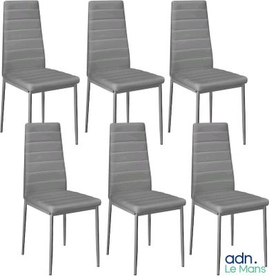 lot de six chaises de salle à manger en cuir gris avec des pieds chromés
