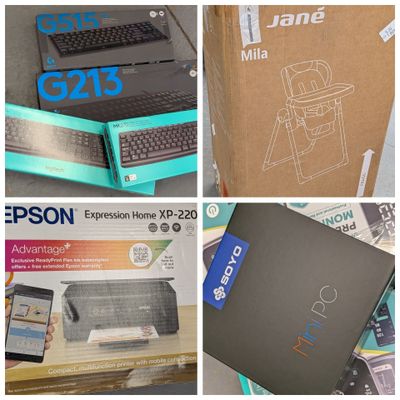 plusieurs photos différentes d'un ordinateur portable et d'un clavier dans une boîte