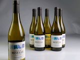 six bouteilles de vin blanc sont alignées sur une table