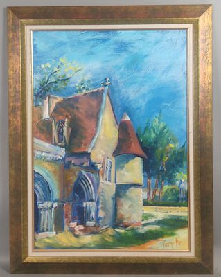 une peinture à l'huile représentant une maison dans un champ, avec un ciel bleu en arrière-plan
