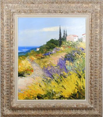 un tableau représentant un chemin menant à une maison située sur une colline