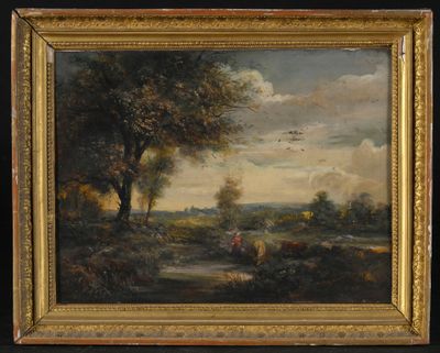 une peinture à l'huile représentant un paysage avec du bétail et des arbres