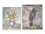 tableau représentant un canard et un vase de fleurs posé sur une table
