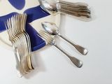a plate with silverware on it and a blue plate with silverware on it
