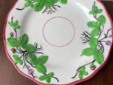 a white plate with green leaves and pink flowers on it