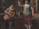 painting of a man playing a guitar and another man playing a guitar