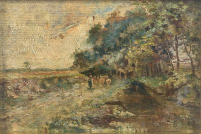 peinture représentant un paysage avec des vaches et des arbres au premier plan