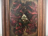 tableau représentant une femme en robe rouge entourée de fleurs rouges