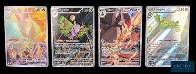 Quatre cartes Pokémon différentes sont alignées sur un fond noir