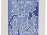an image of a blue and white drawing of a man on a horse