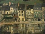 a painting of a horse drawn carriage in front of a row of houses