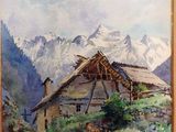 une photo d'un tableau représentant une maison à la montagne