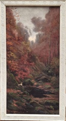 an image of a painting of a stream in a wooded area