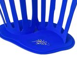 a blue brush holder with six blue brushes in it