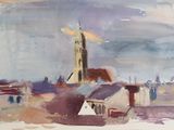 une aquarelle représentant un bâtiment surmonté d'un moulin à vent