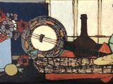un tableau représentant une horloge et une corbeille de fruits