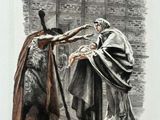 an illustration of a man holding a sword next to a woman in a cloak