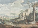 painting of a view of a roman city with a man on a horse in the foreground