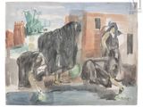 une peinture représentant une vache et un homme assis sur un banc