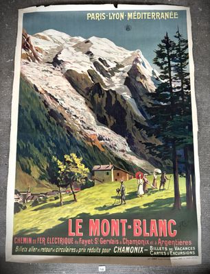poster of a mountain scene with people riding bicycles in front of a snowy mountain