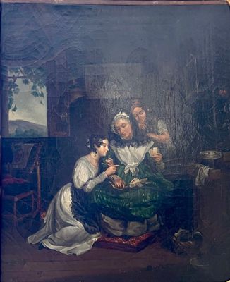 tableau représentant un homme et une femme assis sur une chaise devant une fenêtre