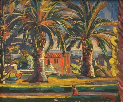 a painting of a woman walking in a park with palm trees