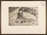 an image of a drawing of a woman sitting at a table with food