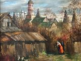 a painting of a woman standing in front of a building
