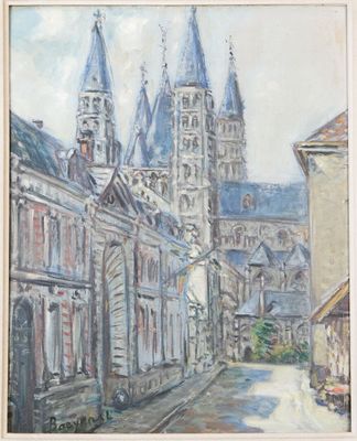 une peinture à l'huile représentant une rue de la ville avec une église en arrière-plan