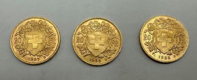 Lot de trois pièces de 20 francs SUISSE, en or, datées 1927, 1922 et 1 - Photo 1