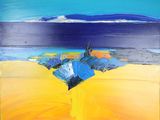 a painting of a beach scene with a blue sky and yellow sand