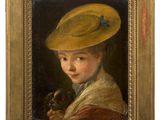 an oil painting of a woman in a yellow hat holding a dog