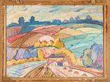 an oil painting of a landscape with a farm in the foreground