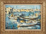 une peinture à l'huile représentant des bateaux amarrés dans un port, avec des bâtiments en arrière-plan