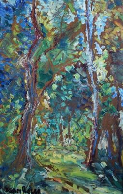 un tableau représentant une scène de forêt avec des arbres au premier plan
