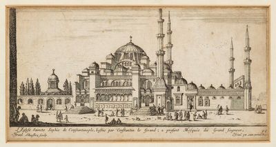 un vieux dessin représentant une mosquée autour de laquelle se promènent des gens