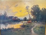 a painting of cows by the water with a house in the background