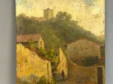 an oil painting of a village scene with a person walking down the street