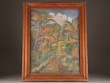 an oil painting of a landscape with trees and a path