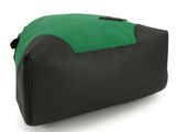 a close up of a black and green toilet bag on a white background