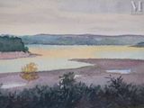 a watercolor painting of a lake with trees in the foreground