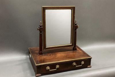 an image of a wooden vanity mirror with a drawer underneath it