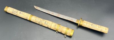 pair of antique chinese swords with wooden handles and sheaths