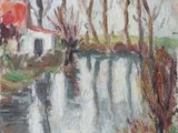 an oil painting of a river with a house and trees in the background