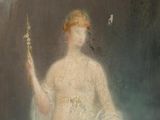 painting of a woman in a white dress holding a staff