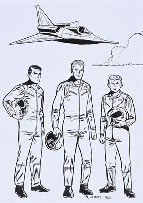 drawing of a group of men standing in front of an airplane