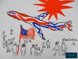 drawing of an airplane with a flag and people in the background