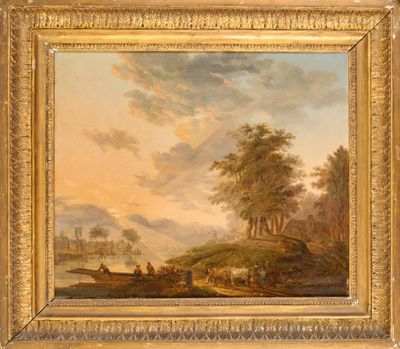 une image représentant un tableau représentant un paysage avec du bétail et une maison