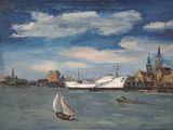 une peinture représentant un bateau sur l'eau, avec un voilier au premier plan